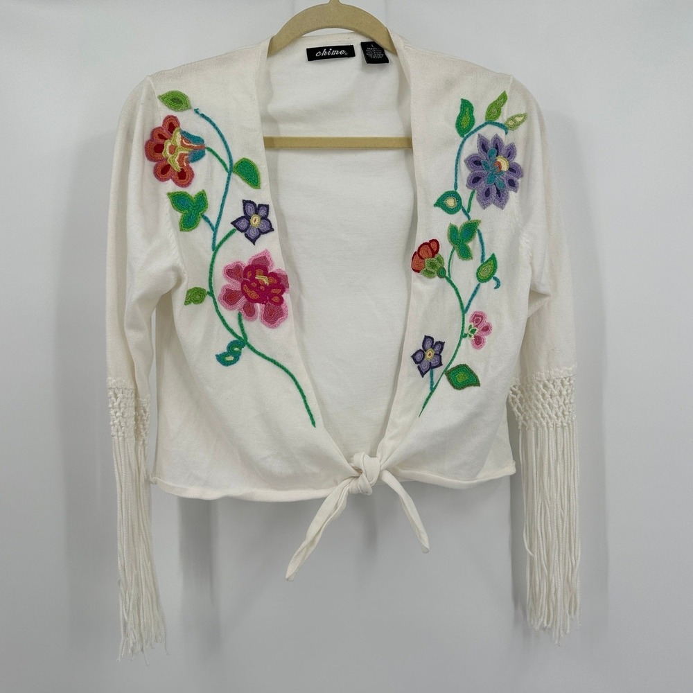 Womens Floral Embroidered Cottagecore Cardigan Size L Cropped Tie Feminine Artsy